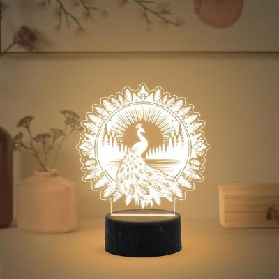 3D Illusion Peacock night lamp with Warm White Light Traditional. Home, Bedroom, Living Room Decor