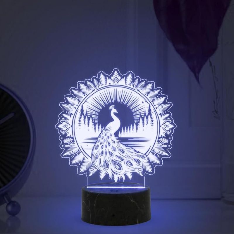 3D Illusion Peacock Night Lamp with Automatic Color Changing Light Birthday Corporate Gift Bedroom, Living Room, Home Decor