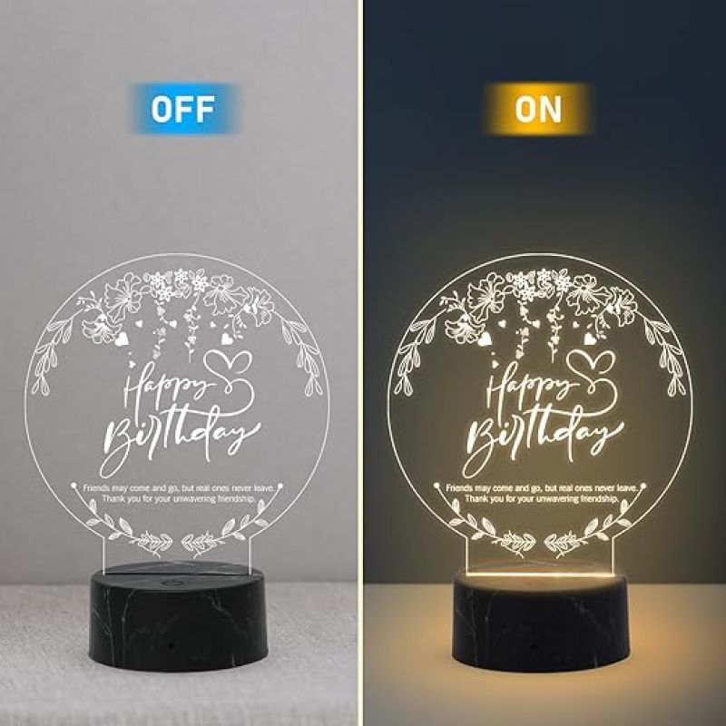 Happy Birthday Engraved Night Lamp with Warm White Light Birthday Gift for Friend Best Gift for Bestie on her Birthday