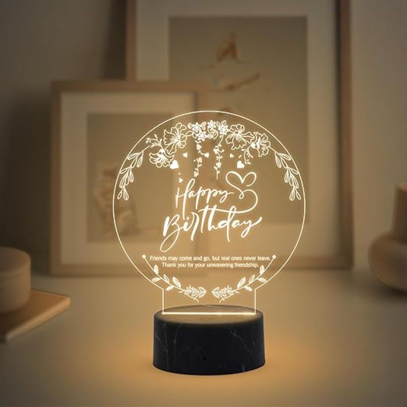 Happy Birthday Engraved Night Lamp with Warm White Light Birthday Gift for Friend Best Gift for Bestie on her Birthday