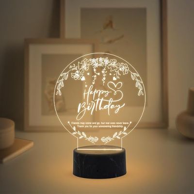Happy Birthday Engraved Night Lamp with Warm White Light Birthday Gift for Friend Best Gift for Bestie on her Birthday