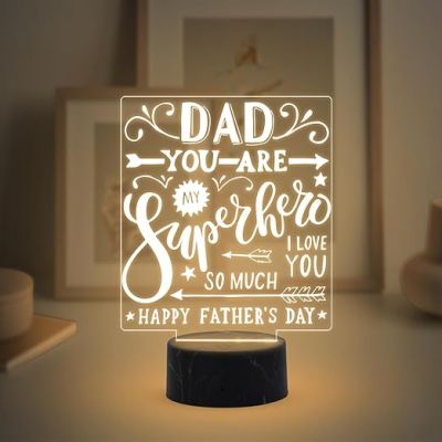 Dad You are My Super Hero Engraved Night Lamp with Warm White Light Father's Day Gift from Son Daughter A Sentimental Gift for Dad