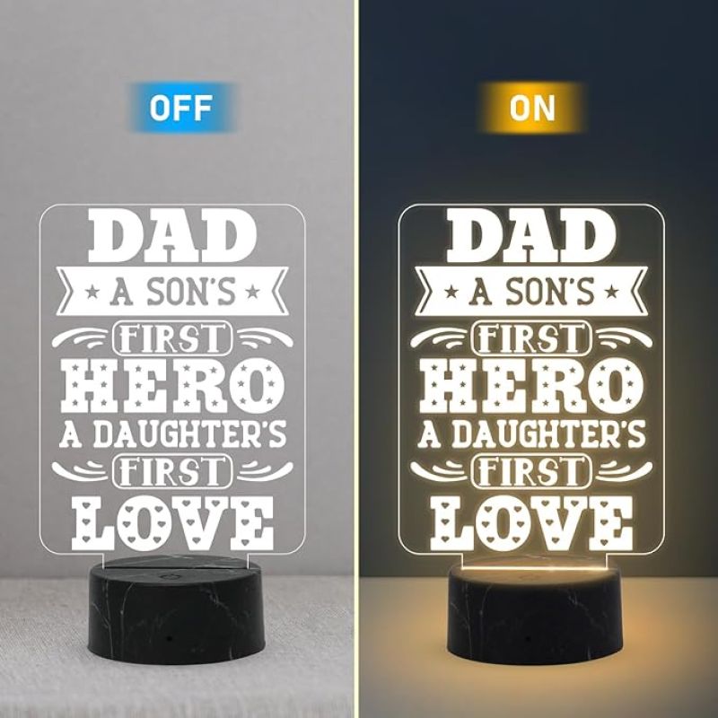 Dad A Sons First Hero A Daughters First Love Engraved Night Lamp with Warm White Light Fathers Day Gift from Son & Daughter Birthday Gift for Dad