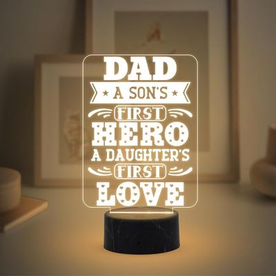 Dad A Sons First Hero A Daughters First Love Engraved Night Lamp with Warm White Light Fathers Day Gift from Son & Daughter Birthday Gift for Dad