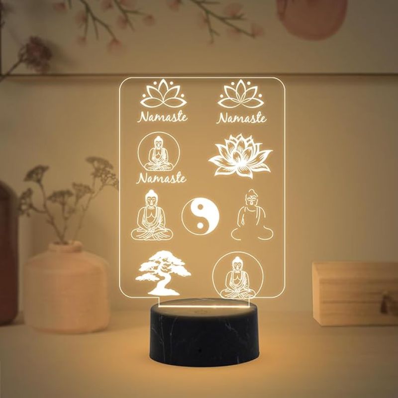 3D Illusion Namaste Buddha Night Lamp with Warm White Light Religious Bedroom Living Room & Mediation Room Home Decor