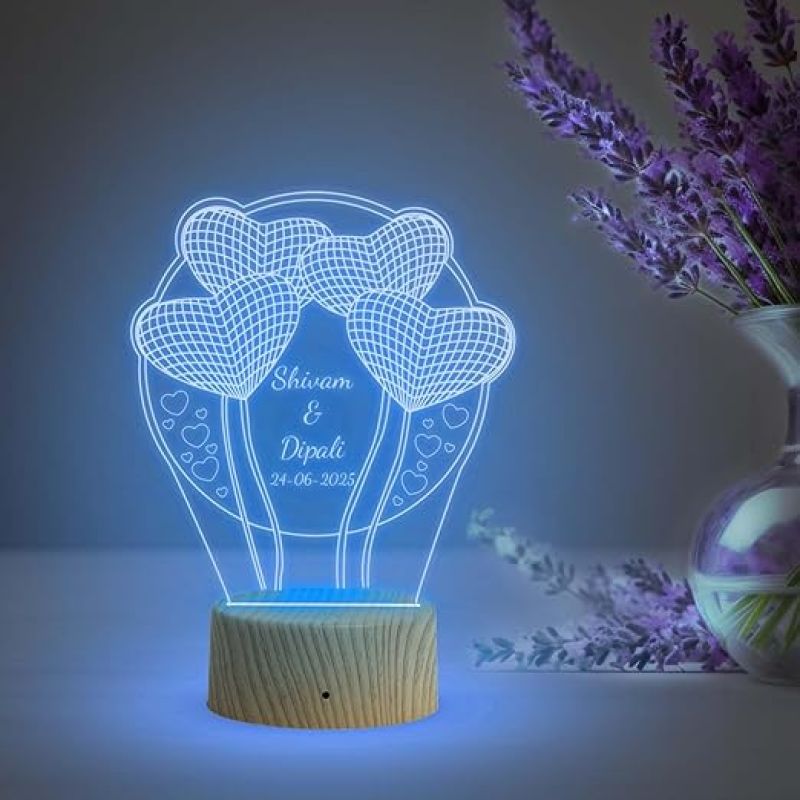3D Illusion Heart Couple night lamp with Automatic Color Changing Light Customize Name, Date Gift for Couple Birthday, Anniversary, Wedding, Engagement