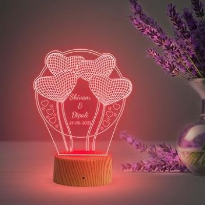 3D Illusion Heart Couple night lamp with Automatic Color Changing Light Customize Name, Date Gift for Couple Birthday, Anniversary, Wedding, Engagement