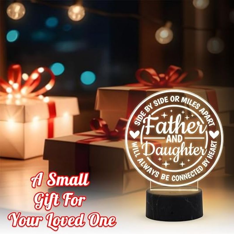Father & Daughter Will Always Be Connected by Heart Engraved Night Lamp with Warm White Light Fathers Day Gift from Daughter, Birthday Gift for Dad
