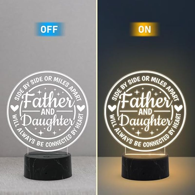 Father & Daughter Will Always Be Connected by Heart Engraved Night Lamp with Warm White Light Fathers Day Gift from Daughter, Birthday Gift for Dad