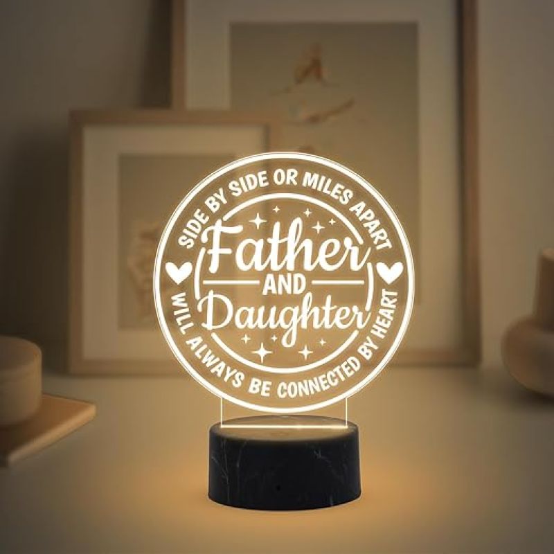 Father & Daughter Will Always Be Connected by Heart Engraved Night Lamp with Warm White Light Fathers Day Gift from Daughter, Birthday Gift for Dad