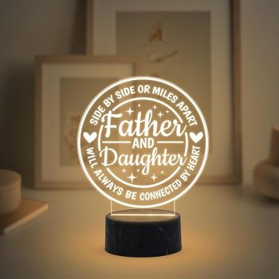 Father & Daughter Will Always Be Connected by Heart Engraved Night Lamp with Warm White Light Fathers Day Gift from Daughter, Birthday Gift for Dad