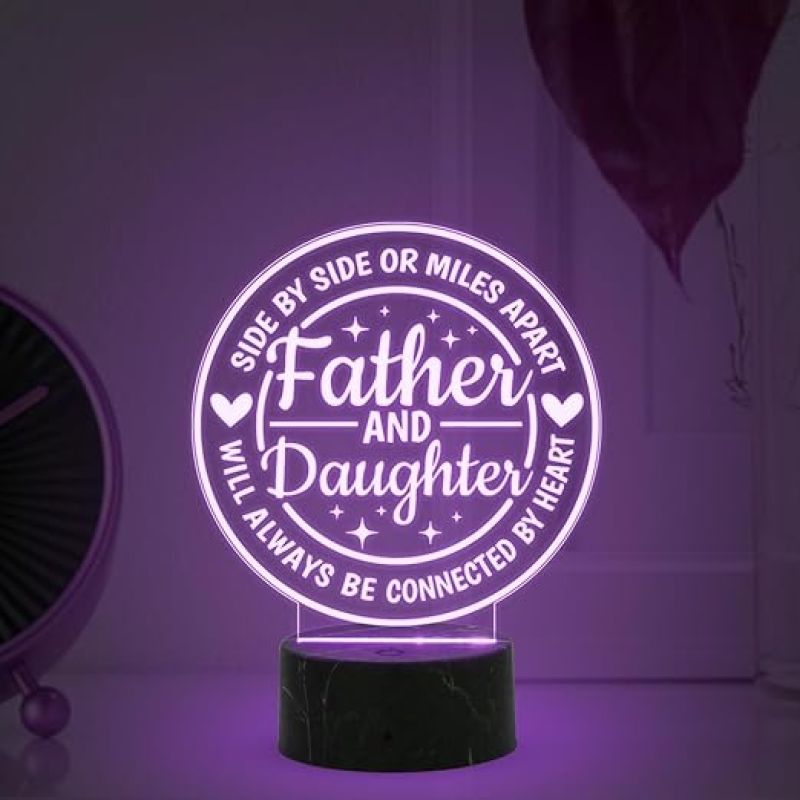 Father & Daughter Will Always Be Connected by Heart Engraved Night Lamp with Multicolored Light Fathers Day Gift from Daughter, Birthday Gift for Dad