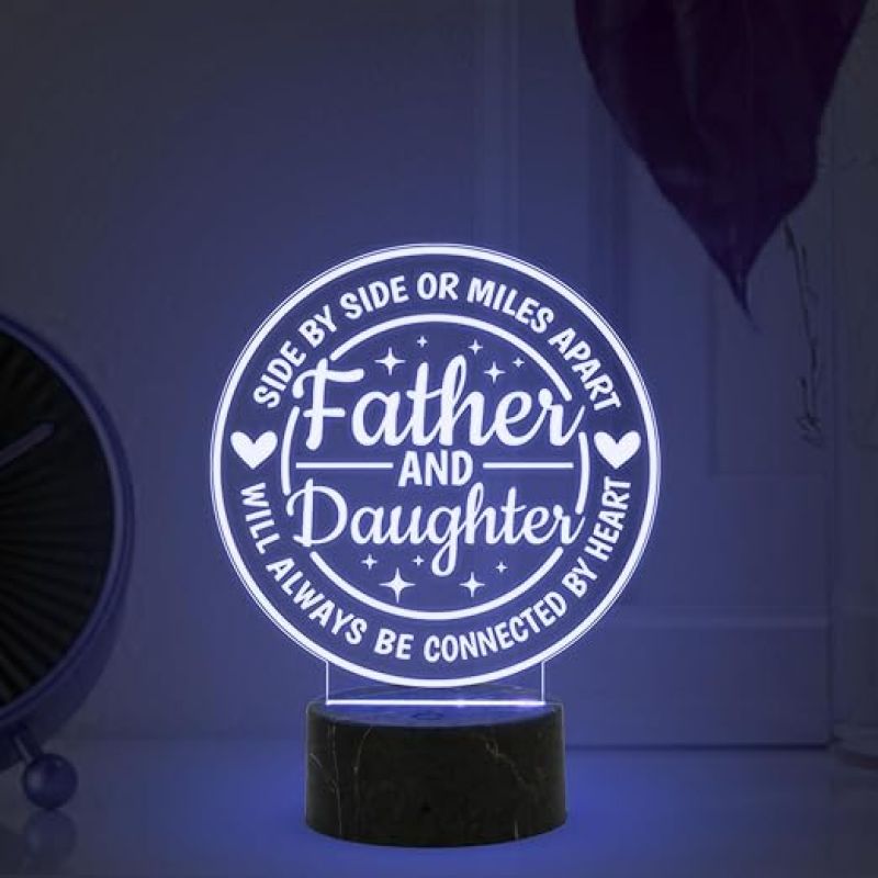Father & Daughter Will Always Be Connected by Heart Engraved Night Lamp with Multicolored Light Fathers Day Gift from Daughter, Birthday Gift for Dad