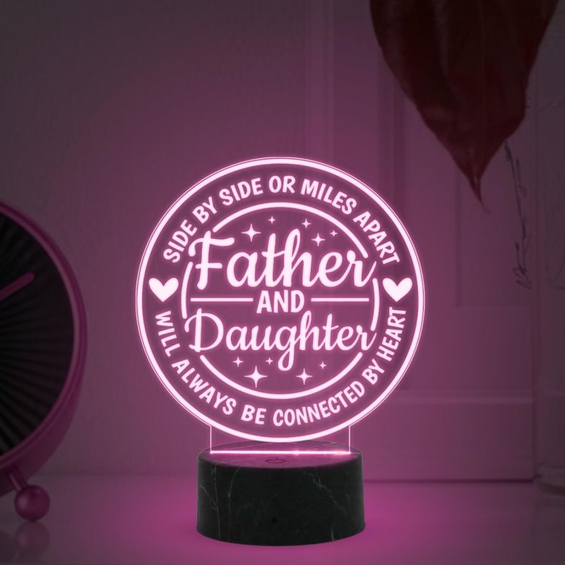 Father & Daughter Will Always Be Connected by Heart Engraved Night Lamp with Multicolored Light Fathers Day Gift from Daughter, Birthday Gift for Dad