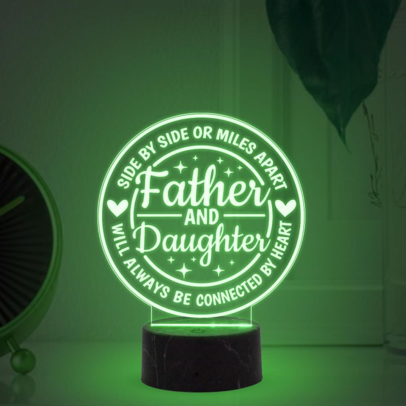 Father & Daughter Will Always Be Connected by Heart Engraved Night Lamp with Multicolored Light Fathers Day Gift from Daughter, Birthday Gift for Dad