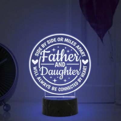 Father & Daughter Will Always Be Connected by Heart Engraved Night Lamp with Multicolored Light Fathers Day Gift from Daughter, Birthday Gift for Dad