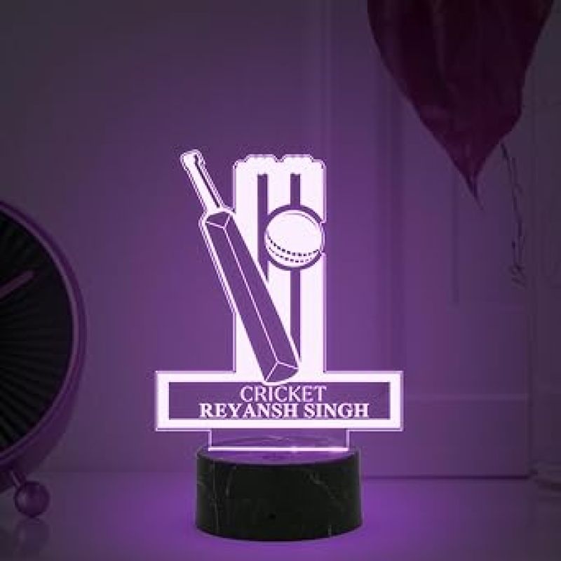 3D Illusion Cricket Bat Ball Night Lamp with Multicoloured Light Customized with Name Gift for Sports Lover Lamp for Sports Fans Birthday Return Gift