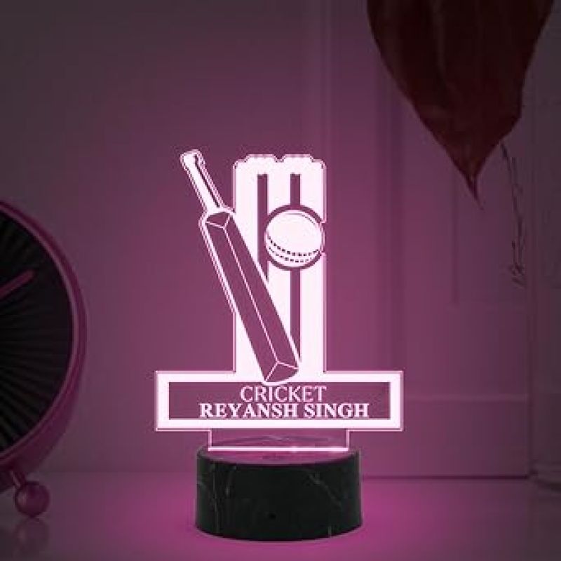 3D Illusion Cricket Bat Ball Night Lamp with Multicoloured Light Customized with Name Gift for Sports Lover Lamp for Sports Fans Birthday Return Gift