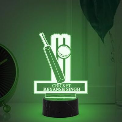 3D Illusion Cricket Bat Ball Night Lamp with Multicoloured Light Customized with Name Gift for Sports Lover Lamp for Sports Fans Birthday Return Gift