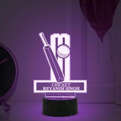 3D Illusion Cricket Bat Ball Night Lamp with Multicoloured Light Customized with Name Gift for Sports Lover Lamp for Sports Fans Birthday Return Gift