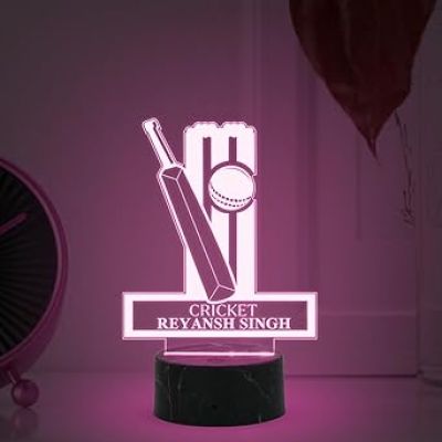 3D Illusion Cricket Bat Ball Night Lamp with Multicoloured Light Customized with Name Gift for Sports Lover Lamp for Sports Fans Birthday Return Gift