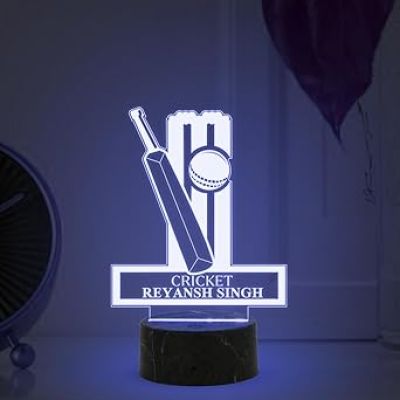 3D Illusion Cricket Bat Ball Night Lamp with Multicoloured Light Customized with Name Gift for Sports Lover Lamp for Sports Fans Birthday Return Gift