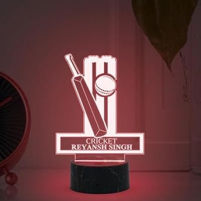 3D Illusion Cricket Bat Ball Night Lamp with Multicoloured Light Customized with Name Gift for Sports Lover Lamp for Sports Fans Birthday Return Gift