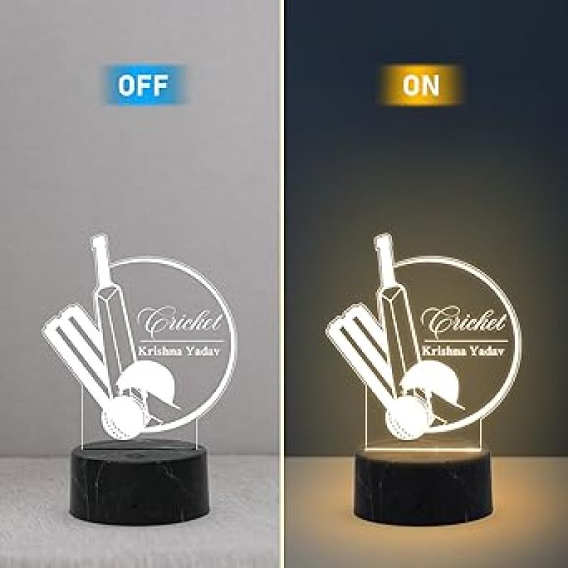 3D Illusion Cricket Bat Ball Night Lamp with Warm White Light Customized with Name Gift for Sports Lover Lamp for Sports Fans Birthday Return Gift