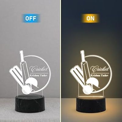 3D Illusion Cricket Bat Ball Night Lamp with Warm White Light Customized with Name Gift for Sports Lover Lamp for Sports Fans Birthday Return Gift