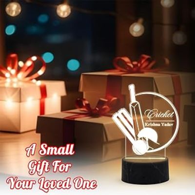 3D Illusion Cricket Bat Ball Night Lamp with Warm White Light Customized with Name Gift for Sports Lover Lamp for Sports Fans Birthday Return Gift