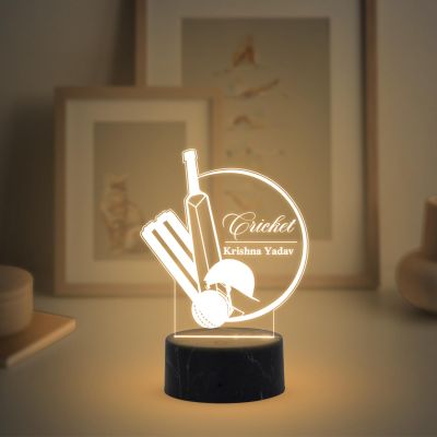 3D Illusion Cricket Bat Ball Night Lamp with Warm White Light Customized with Name Gift for Sports Lover Lamp for Sports Fans Birthday Return Gift