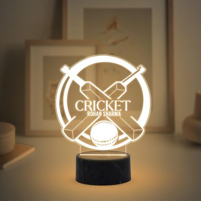 3D Illusion Cricket Bat Ball Night Lamp with Warm White Light Customized with Name Birthday Return Gift, Gift for Sports Lover Birthday Gift for Cricket Fans