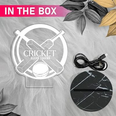 3D Illusion Cricket Bat Ball Night Lamp with Warm White Light Customized with Name Birthday Return Gift, Gift for Sports Lover Birthday Gift for Cricket Fans