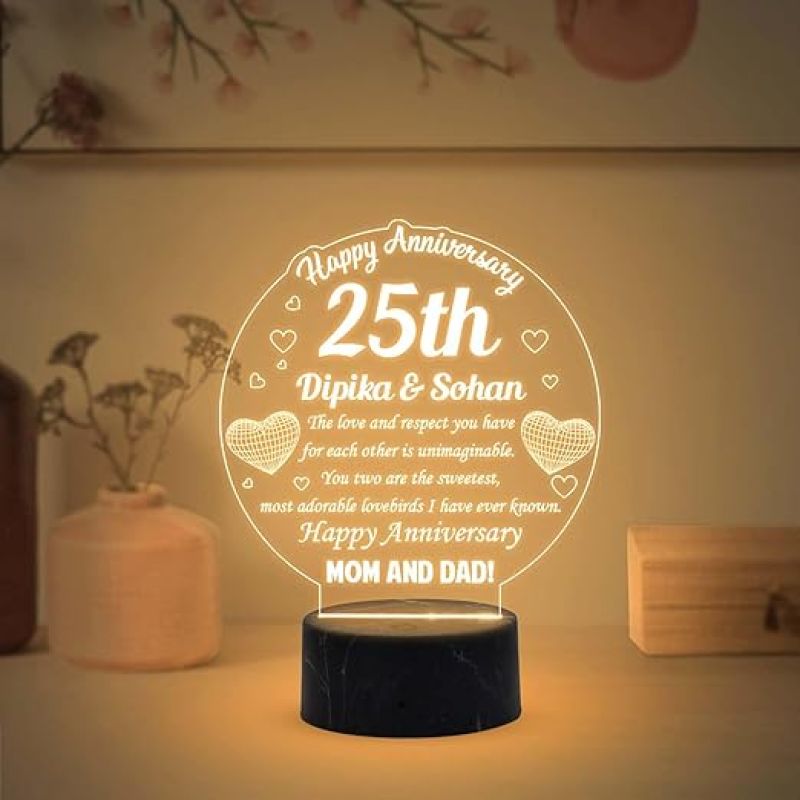 25th Happy Anniversary night lamp with Warm White Light Customized with Name 25th Anniversary Gift for Parents, Anniversary Gift for Mom & Dad