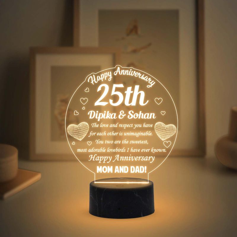 25th Happy Anniversary night lamp with Warm White Light Customized with Name 25th Anniversary Gift for Parents, Anniversary Gift for Mom & Dad