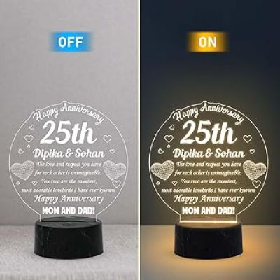 25th Happy Anniversary night lamp with Warm White Light Customized with Name 25th Anniversary Gift for Parents, Anniversary Gift for Mom & Dad