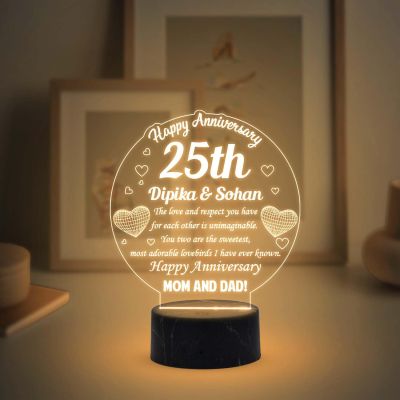 25th Happy Anniversary night lamp with Warm White Light Customized with Name 25th Anniversary Gift for Parents, Anniversary Gift for Mom & Dad