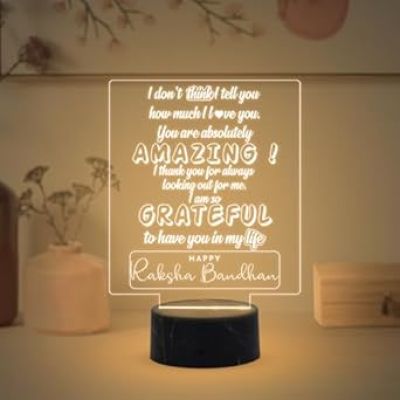 Happy Raksha Bandhan Engraved Quote Night Lamp with Warm White Light Raksha Bandhan Gift for Sister Brother & Siblings