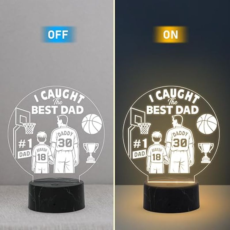 I Caught The Best Dad Engraved Night Lamp with Warm White Light Customized with Name Fathers Day Gift