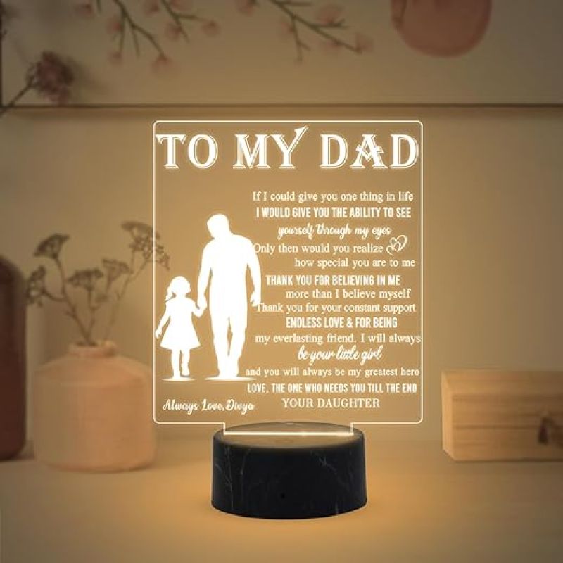 To My Dad Engraved Night Lamp with Warm White Light Customized with Name Fathers Day Gift Birthday Gift for Dad from Daughter, Surprise Gift for Dad