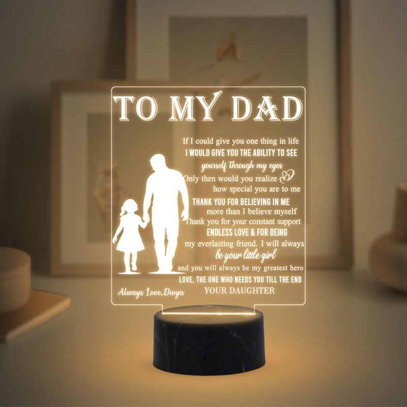 To My Dad Engraved Night Lamp with Warm White Light Customized with Name Fathers Day Gift Birthday Gift for Dad from Daughter, Surprise Gift for Dad