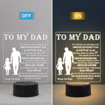 To My Dad Engraved Night Lamp with Warm White Light Customized with Name Fathers Day Gift Birthday Gift for Dad from Daughter, Surprise Gift for Dad