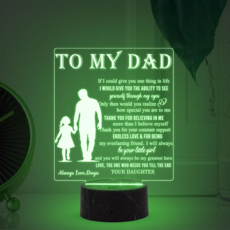 To My Dad Engraved Night Lamp with Multicolored Light Customized with Name Fathers Day Gift, Birthday Gift for Dad from Daughter , Surprise Gift for Dad