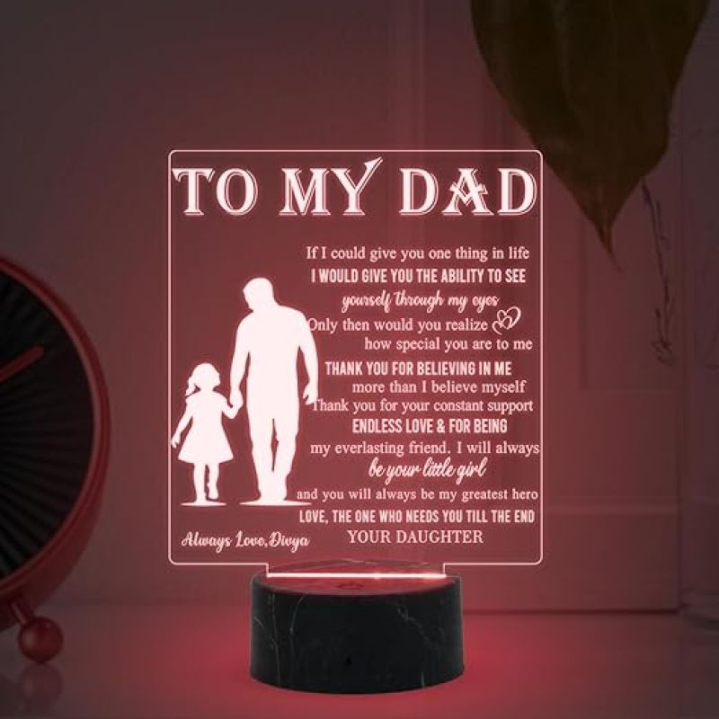 To My Dad Engraved Night Lamp with Multicolored Light Customized with Name Fathers Day Gift, Birthday Gift for Dad from Daughter , Surprise Gift for Dad