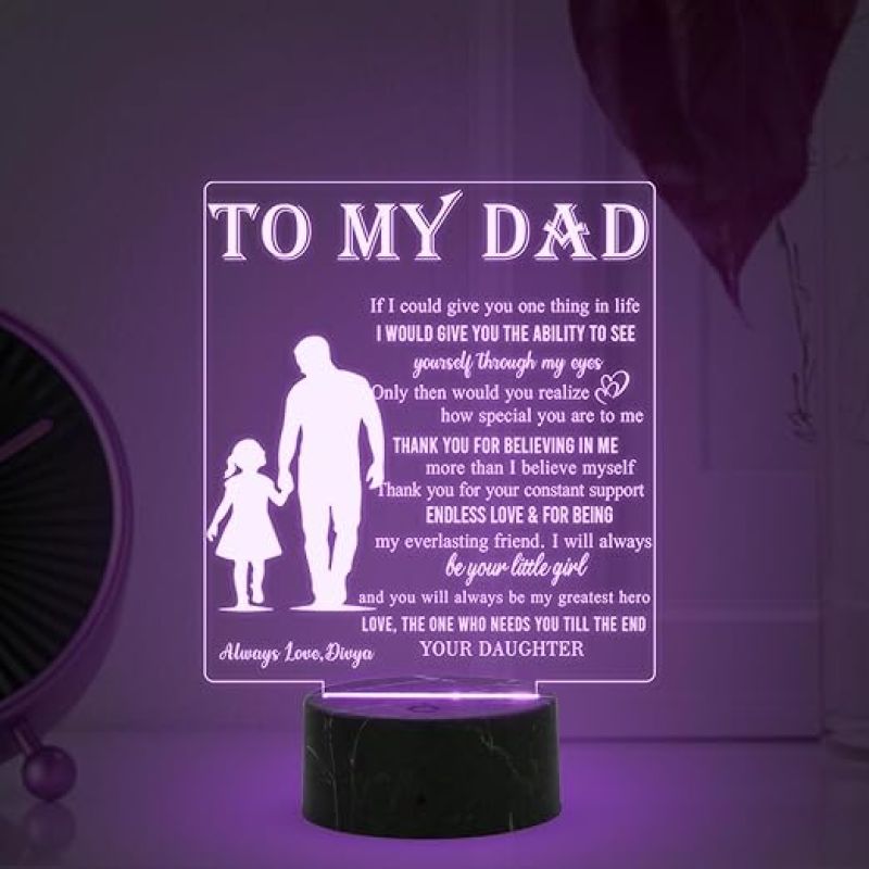 To My Dad Engraved Night Lamp with Multicolored Light Customized with Name Fathers Day Gift, Birthday Gift for Dad from Daughter , Surprise Gift for Dad