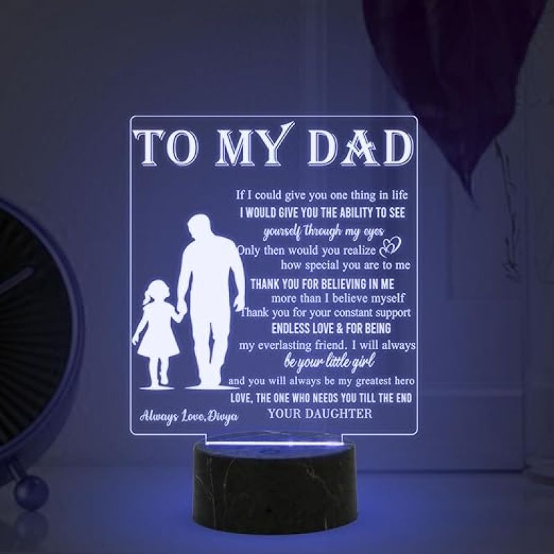 To My Dad Engraved Night Lamp with Multicolored Light Customized with Name Fathers Day Gift, Birthday Gift for Dad from Daughter , Surprise Gift for Dad
