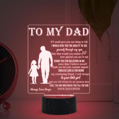 To My Dad Engraved Night Lamp with Multicolored Light Customized with Name Fathers Day Gift, Birthday Gift for Dad from Daughter , Surprise Gift for Dad