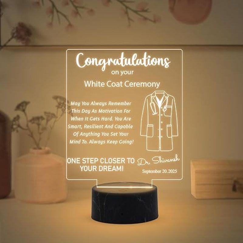 Congratulations on Your White Coat Ceremony Night Lamp with Warm White Light Customized with Name & Date Gift for Future Doctor, Medical Student, Graduation Doctor