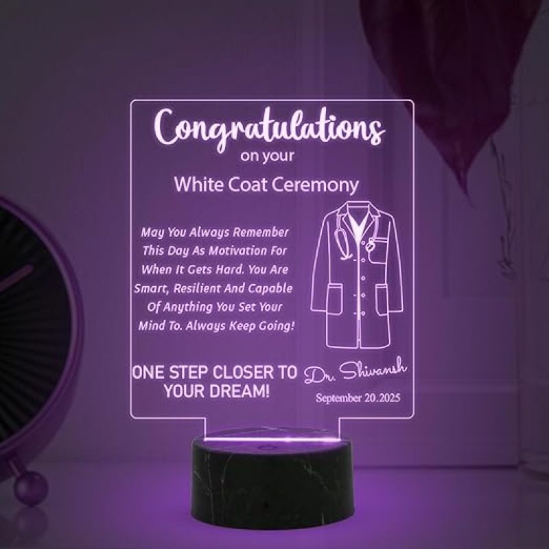 Congratulations on Your White Coat Ceremony Night Lamp with Multicolored Light Customized with Name & Date Gift for Future Doctor, Medical Student, Graduation Doctor