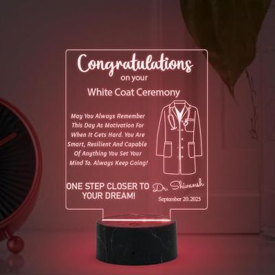 Congratulations on Your White Coat Ceremony Night Lamp with Multicolored Light Customized with Name & Date Gift for Future Doctor, Medical Student, Graduation Doctor